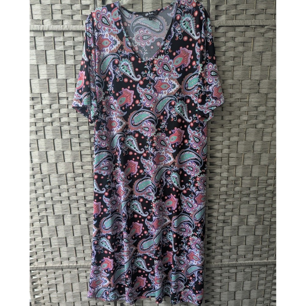 Ulla Popken Midi Dress Black Paisley V-Neck Short Sleeve Pockets Sz 24/26 Boho